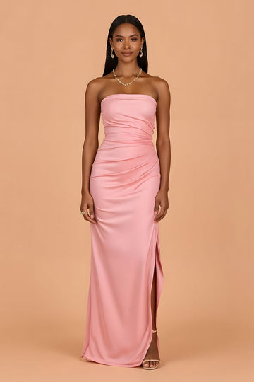 Blush Sheath Satin Strapless Ruched Long Bridesmaid Dress